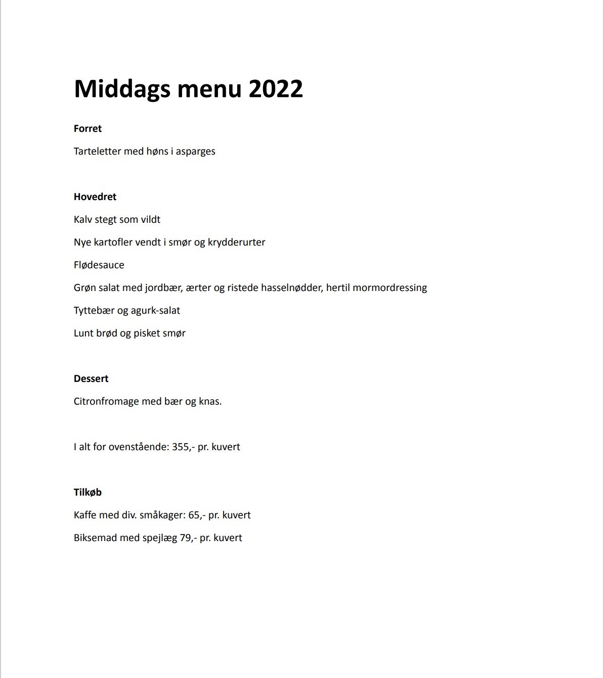 middags menu 2022